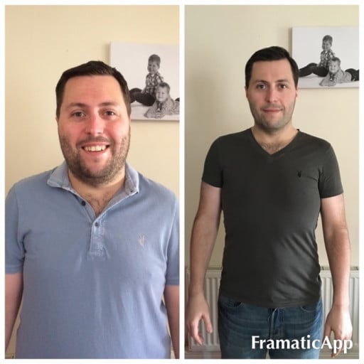 A progress pic of a 5'11" man showing a fat loss from 238 pounds to 188 pounds. A respectable loss of 50 pounds.