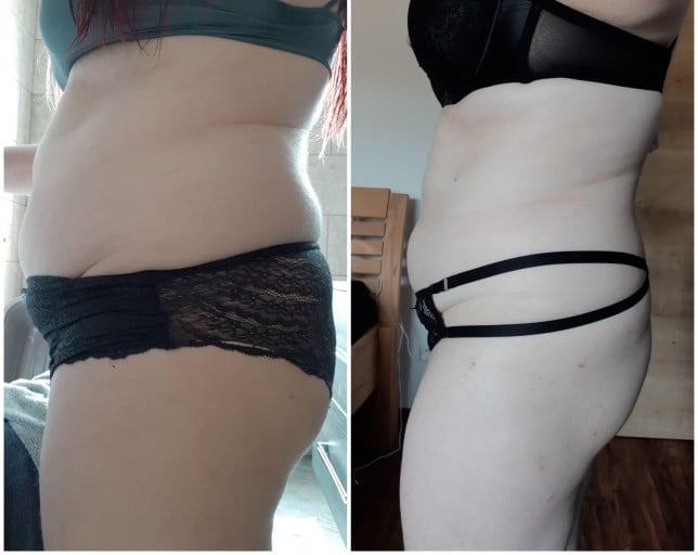 A progress pic of a 5'2" woman showing a fat loss from 189 pounds to 180 pounds. A total loss of 9 pounds.