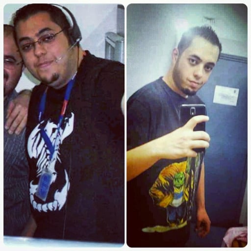A before and after photo of a 6'2" male showing a weight reduction from 335 pounds to 223 pounds. A total loss of 112 pounds.