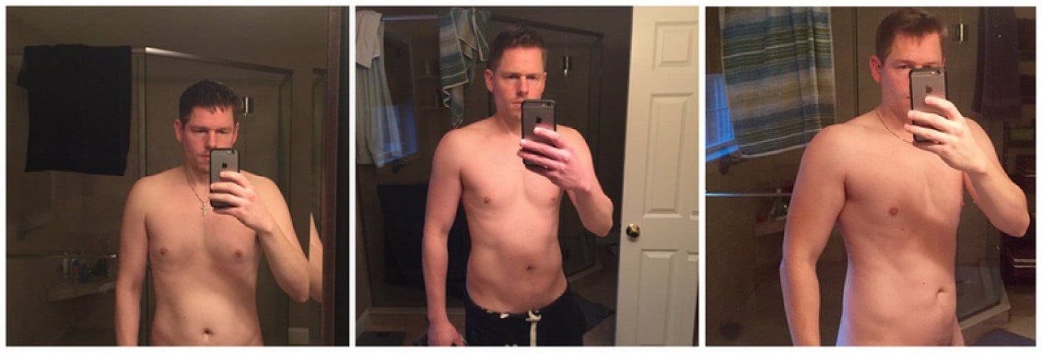 A progress pic of a 6'0" man showing a weight gain from 175 pounds to 185 pounds. A respectable gain of 10 pounds.