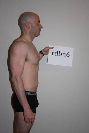 A before and after photo of a 6'0" male showing a snapshot of 180 pounds at a height of 6'0
