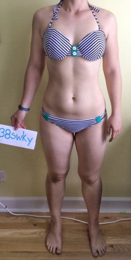 A photo of a 5'7" woman showing a snapshot of 147 pounds at a height of 5'7