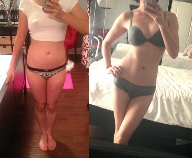 A picture of a 5'2" female showing a weight loss from 120 pounds to 107 pounds. A net loss of 13 pounds.