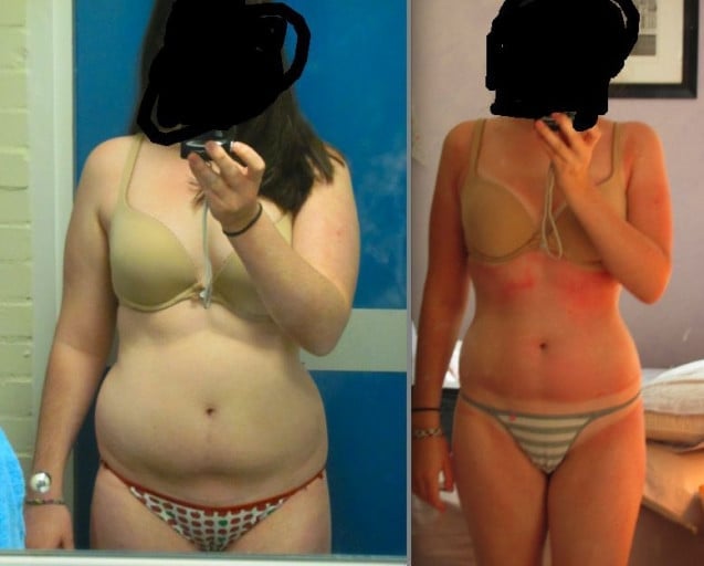 A photo of a 5'6" woman showing a weight cut from 169 pounds to 146 pounds. A net loss of 23 pounds.