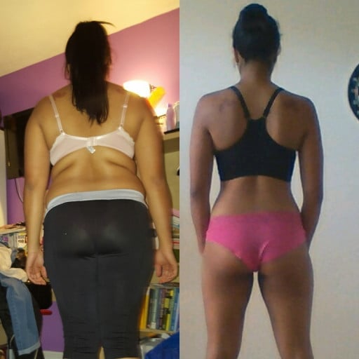 A before and after photo of a 5'5" female showing a weight loss from 178 pounds to 141 pounds. A total loss of 37 pounds.