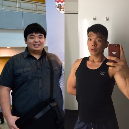 A progress pic of a 5'10" man showing a fat loss from 350 pounds to 180 pounds. A total loss of 170 pounds.