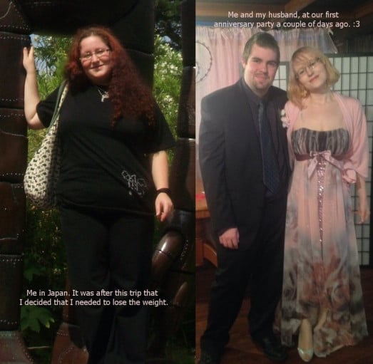 A picture of a 5'4" female showing a weight loss from 221 pounds to 116 pounds. A total loss of 105 pounds.