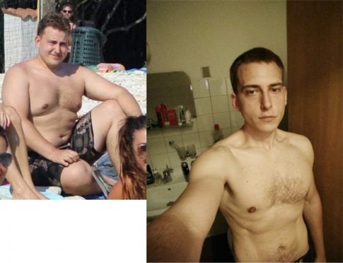 A progress pic of a 5'9" man showing a fat loss from 298 pounds to 167 pounds. A total loss of 131 pounds.