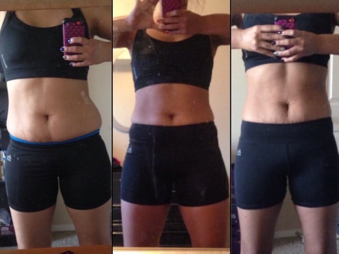 A progress pic of a 5'6" woman showing a fat loss from 153 pounds to 139 pounds. A total loss of 14 pounds.
