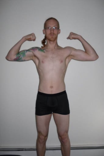 A before and after photo of a 6'1" male showing a snapshot of 157 pounds at a height of 6'1