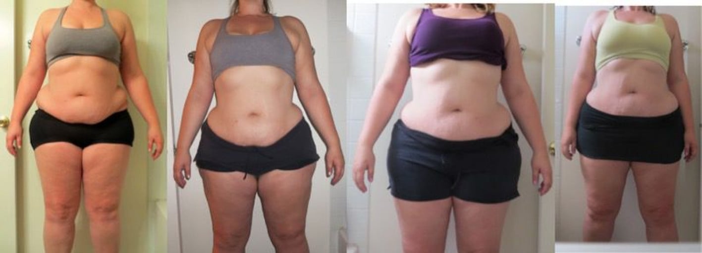 A photo of a 5'11" woman showing a fat loss from 282 pounds to 267 pounds. A net loss of 15 pounds.