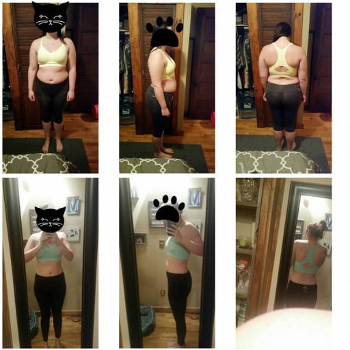 A before and after photo of a 5'8" female showing a weight reduction from 206 pounds to 162 pounds. A respectable loss of 44 pounds.