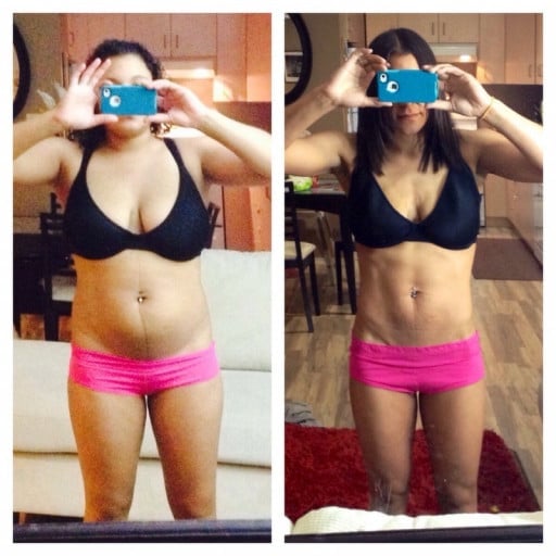 A picture of a 5'2" female showing a weight loss from 148 pounds to 114 pounds. A net loss of 34 pounds.