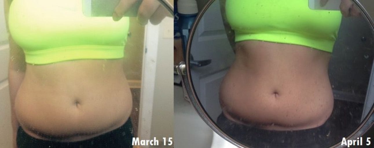 A progress pic of a 5'2" woman showing a fat loss from 147 pounds to 134 pounds. A total loss of 13 pounds.