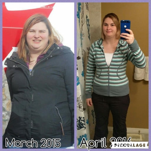 A picture of a 5'8" female showing a weight loss from 253 pounds to 198 pounds. A net loss of 55 pounds.