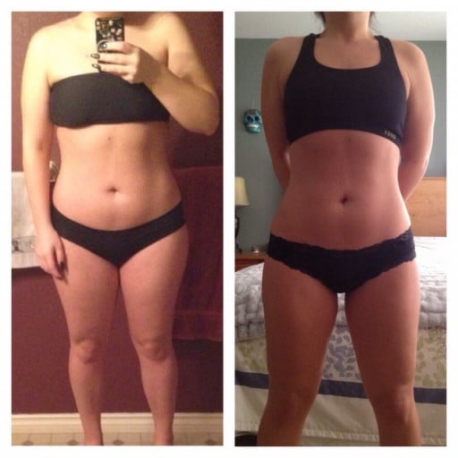 A picture of a 5'1" female showing a weight loss from 139 pounds to 129 pounds. A total loss of 10 pounds.