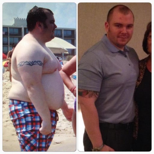 A progress pic of a 5'11" man showing a fat loss from 315 pounds to 238 pounds. A total loss of 77 pounds.