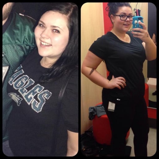 A picture of a 5'6" female showing a weight loss from 228 pounds to 213 pounds. A total loss of 15 pounds.