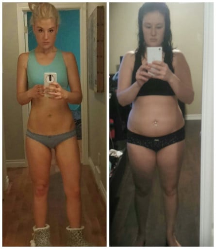 A picture of a 5'7" female showing a weight loss from 170 pounds to 136 pounds. A net loss of 34 pounds.