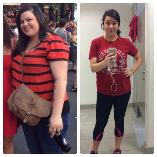 A picture of a 5'7" female showing a weight loss from 235 pounds to 170 pounds. A total loss of 65 pounds.