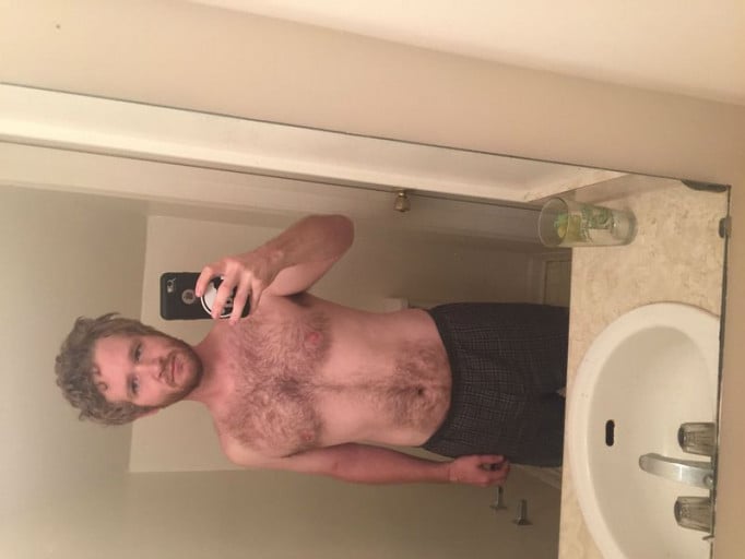 A picture of a 5'8" male showing a fat loss from 225 pounds to 170 pounds. A total loss of 55 pounds.