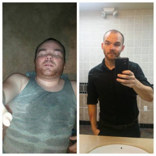A picture of a 5'5" male showing a weight loss from 180 pounds to 130 pounds. A net loss of 50 pounds.
