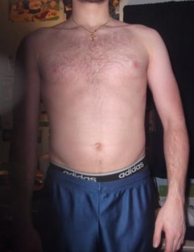 A progress pic of a 5'7" man showing a weight bulk from 140 pounds to 155 pounds. A net gain of 15 pounds.