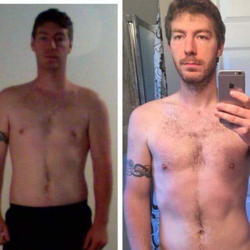 A progress pic of a 5'11" man showing a fat loss from 220 pounds to 170 pounds. A total loss of 50 pounds.