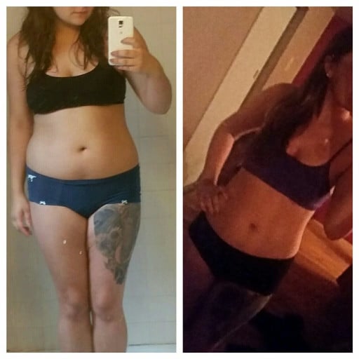 A progress pic of a 5'4" woman showing a weight reduction from 170 pounds to 135 pounds. A total loss of 35 pounds.
