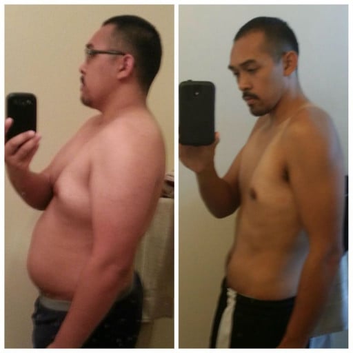 A before and after photo of a 5'10" male showing a weight loss from 255 pounds to 175 pounds. A net loss of 80 pounds.