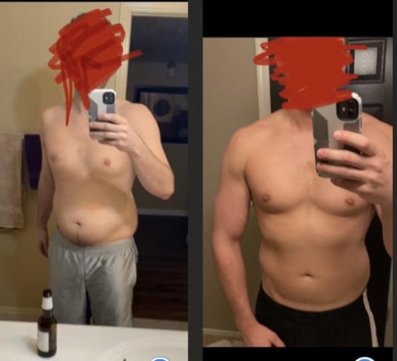 A progress pic of a 6'2" man showing a fat loss from 240 pounds to 212 pounds. A total loss of 28 pounds.