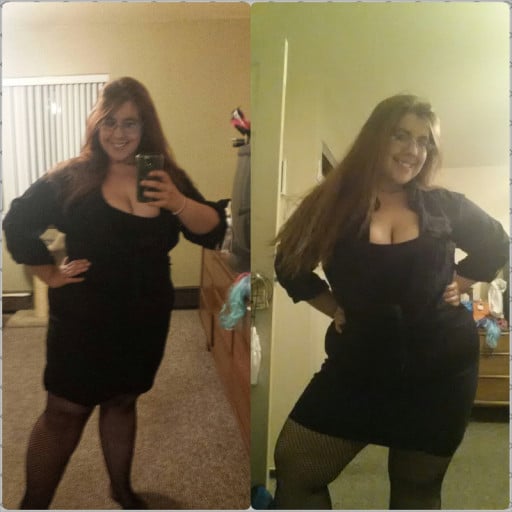 A progress pic of a 5'0" woman showing a weight cut from 285 pounds to 201 pounds. A total loss of 84 pounds.