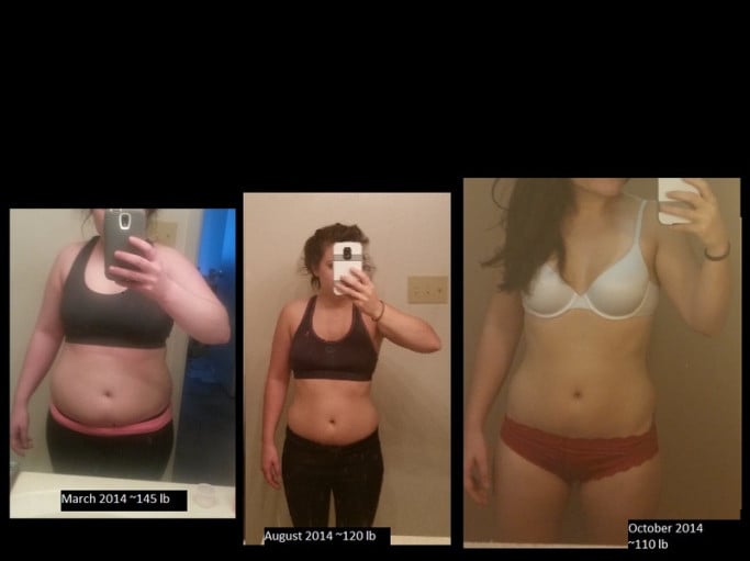 A before and after photo of a 5'0" female showing a weight cut from 145 pounds to 120 pounds. A total loss of 25 pounds.