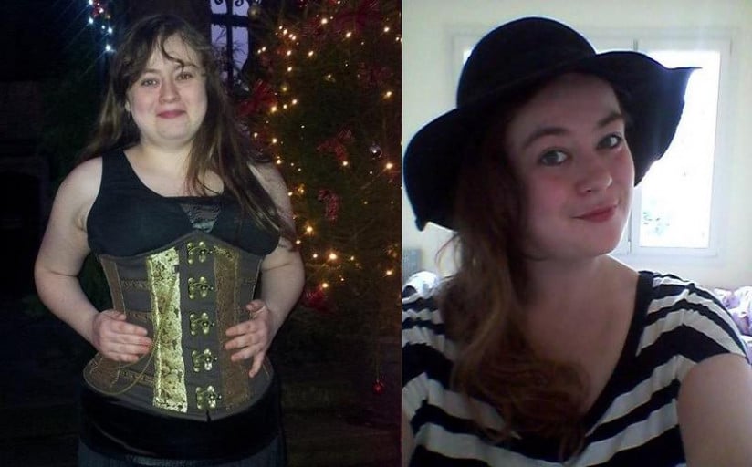 A picture of a 5'5" female showing a weight loss from 202 pounds to 154 pounds. A net loss of 48 pounds.