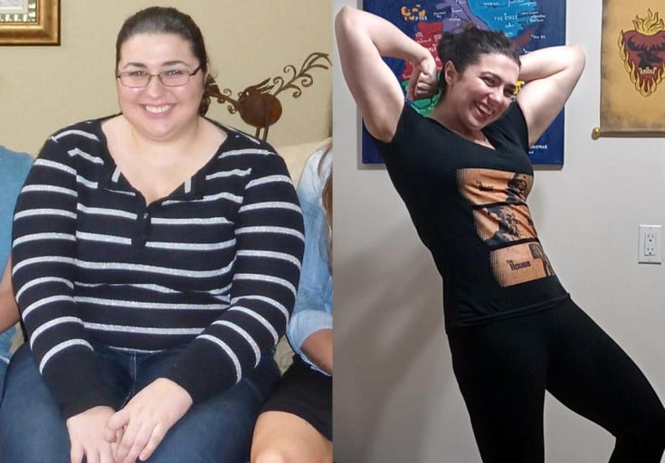 A picture of a 5'6" female showing a weight loss from 265 pounds to 160 pounds. A total loss of 105 pounds.