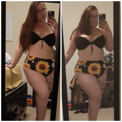 A progress pic of a 5'1" woman showing a fat loss from 205 pounds to 194 pounds. A net loss of 11 pounds.