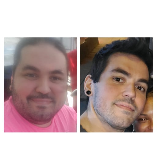 A picture of a 5'8" male showing a weight loss from 330 pounds to 184 pounds. A respectable loss of 146 pounds.