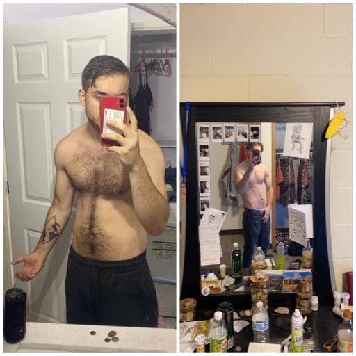 A before and after photo of a 6'1" male showing a weight reduction from 200 pounds to 170 pounds. A net loss of 30 pounds.