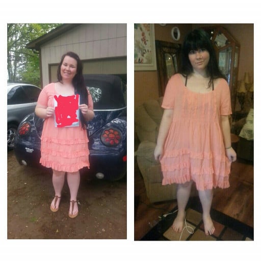 A progress pic of a 5'4" woman showing a weight loss from 220 pounds to 175 pounds. A net loss of 45 pounds.