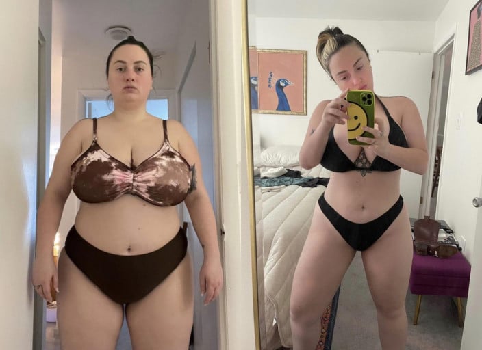 A photo of a 5'4" woman showing a weight cut from 245 pounds to 22 pounds. A net loss of 223 pounds.