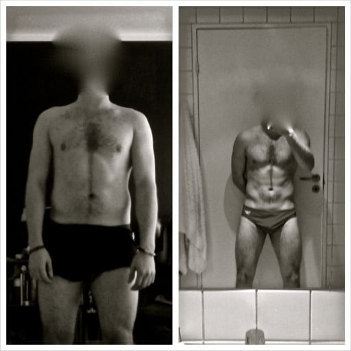A progress pic of a 5'9" man showing a fat loss from 163 pounds to 153 pounds. A respectable loss of 10 pounds.