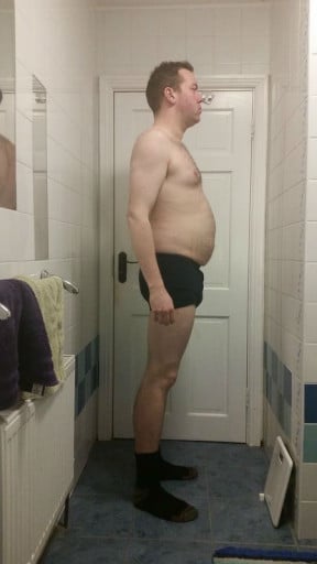A before and after photo of a 6'3" male showing a snapshot of 211 pounds at a height of 6'3