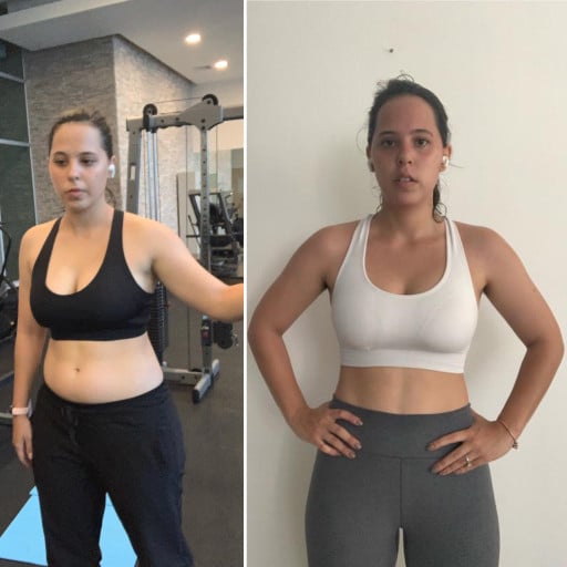 A before and after photo of a 5'8" female showing a weight reduction from 175 pounds to 160 pounds. A total loss of 15 pounds.