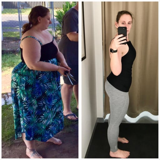 A progress pic of a 5'9" woman showing a fat loss from 320 pounds to 165 pounds. A total loss of 155 pounds.