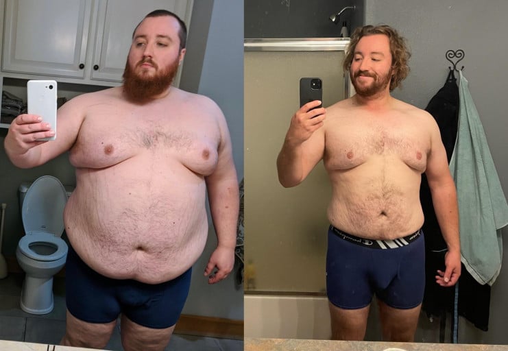 A picture of a 6'0" male showing a weight loss from 370 pounds to 235 pounds. A net loss of 135 pounds.