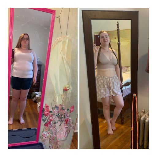 A picture of a 5'5" female showing a weight loss from 215 pounds to 165 pounds. A total loss of 50 pounds.