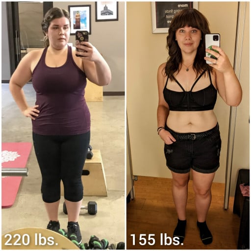 A before and after photo of a 5'4" female showing a weight reduction from 220 pounds to 155 pounds. A net loss of 65 pounds.