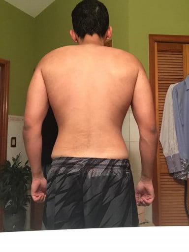 A before and after photo of a 5'10" male showing a snapshot of 172 pounds at a height of 5'10
