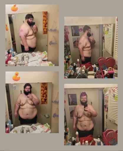 A progress pic of a 6'3" man showing a fat loss from 430 pounds to 160 pounds. A total loss of 270 pounds.