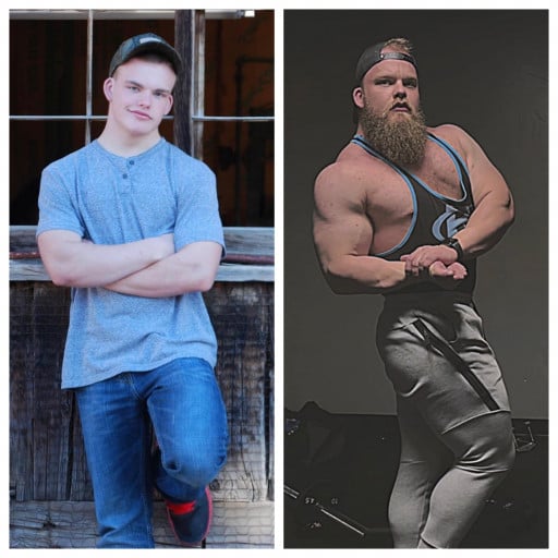 A before and after photo of a 6'1" male showing a muscle gain from 150 pounds to 263 pounds. A net gain of 113 pounds.